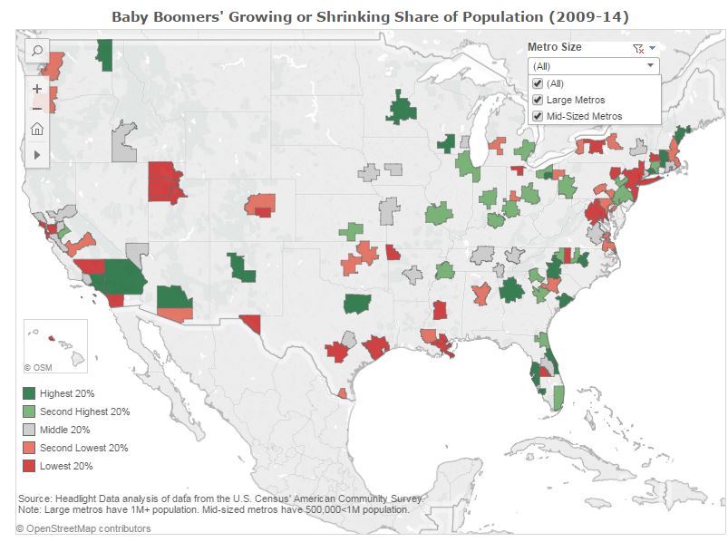 Map large and mid sized US cities growing shrinking baby boomer population